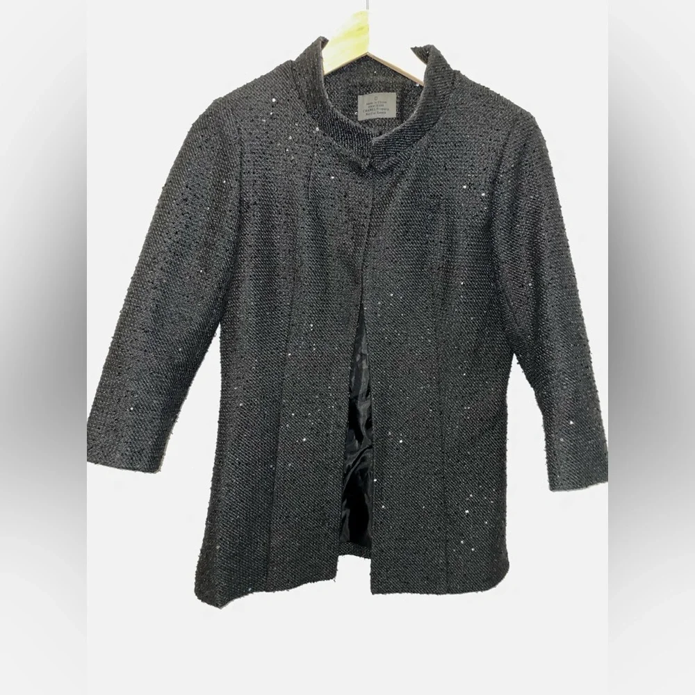 CHANEL Black Sequence Tweed 3/4 Sleeve Blazer Fit Size Small